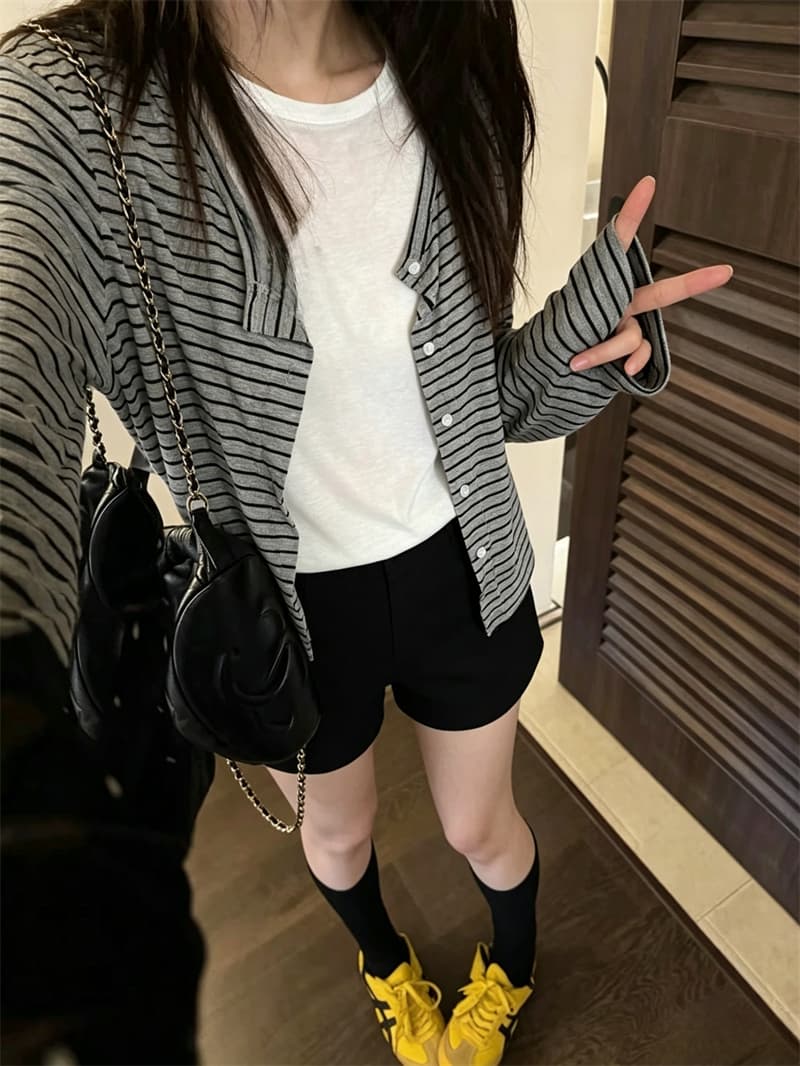 실사 여름 새로운 얇고 가벼운 통기성 자외선 차단 의류 조끼 스트라이프 오픈 가디건 투피스 슈트 여성 이미지 3