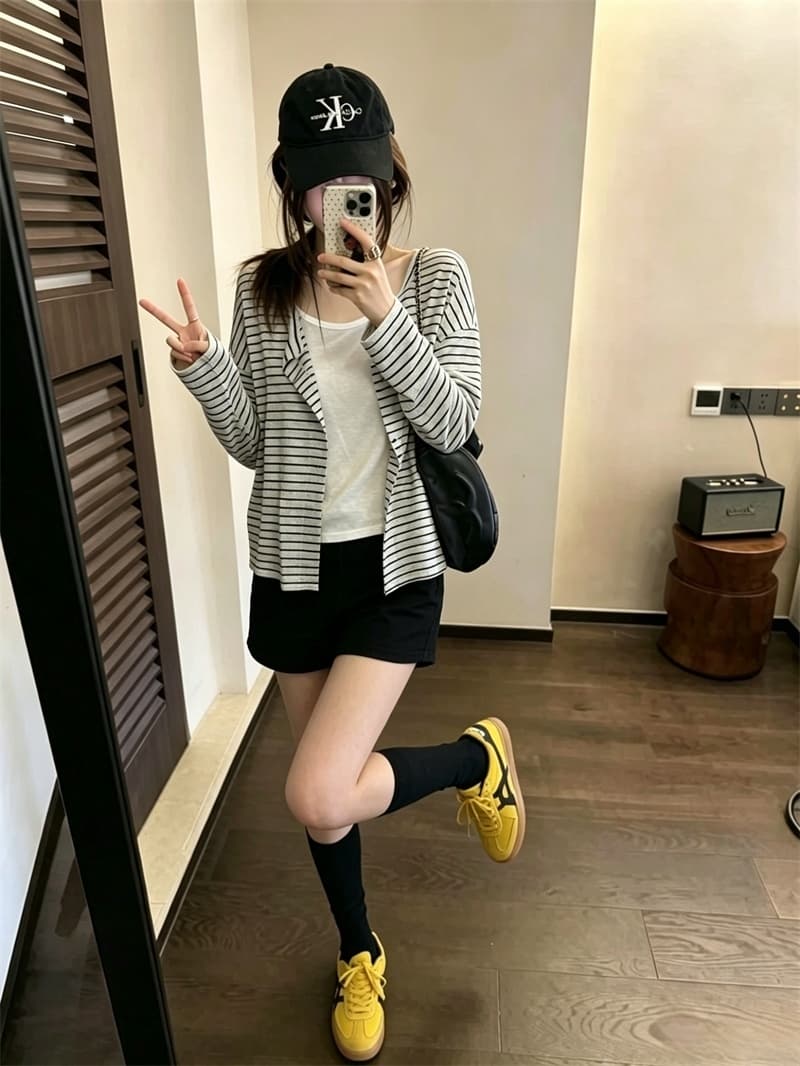 실사 여름 새로운 얇고 가벼운 통기성 자외선 차단 의류 조끼 스트라이프 오픈 가디건 투피스 슈트 여성 상세 이미지 1