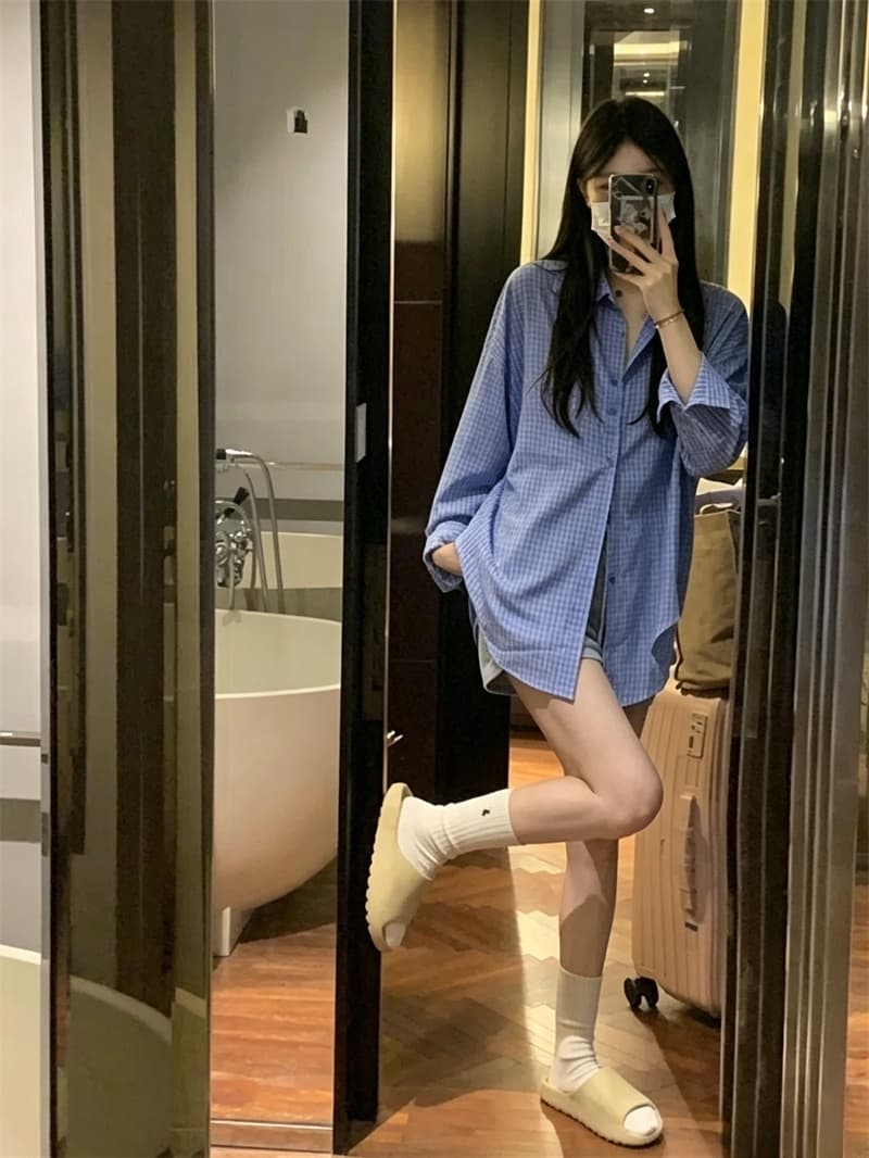 실사 여름 새로운 느슨함 느긋한 디자인 센스 체크무늬 셔츠 여성 상세 이미지 4