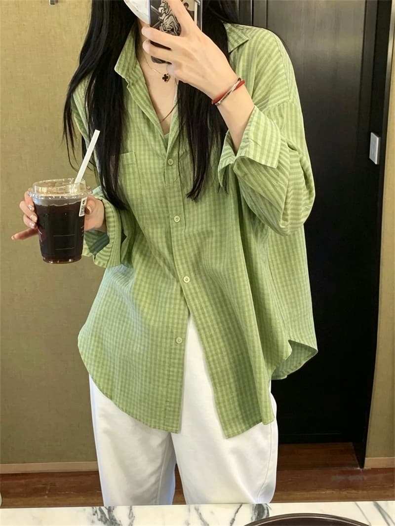 실사 여름 새로운 느슨함 느긋한 디자인 센스 체크무늬 셔츠 여성 상세 이미지 8