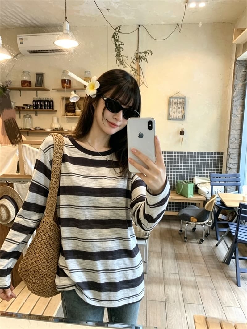 실사 여름 새로운 한 부서 얇은 스타일 스트라이프 블라우스 여성 긴 소매 자외선 차단 티셔츠 여성 상세 이미지 9