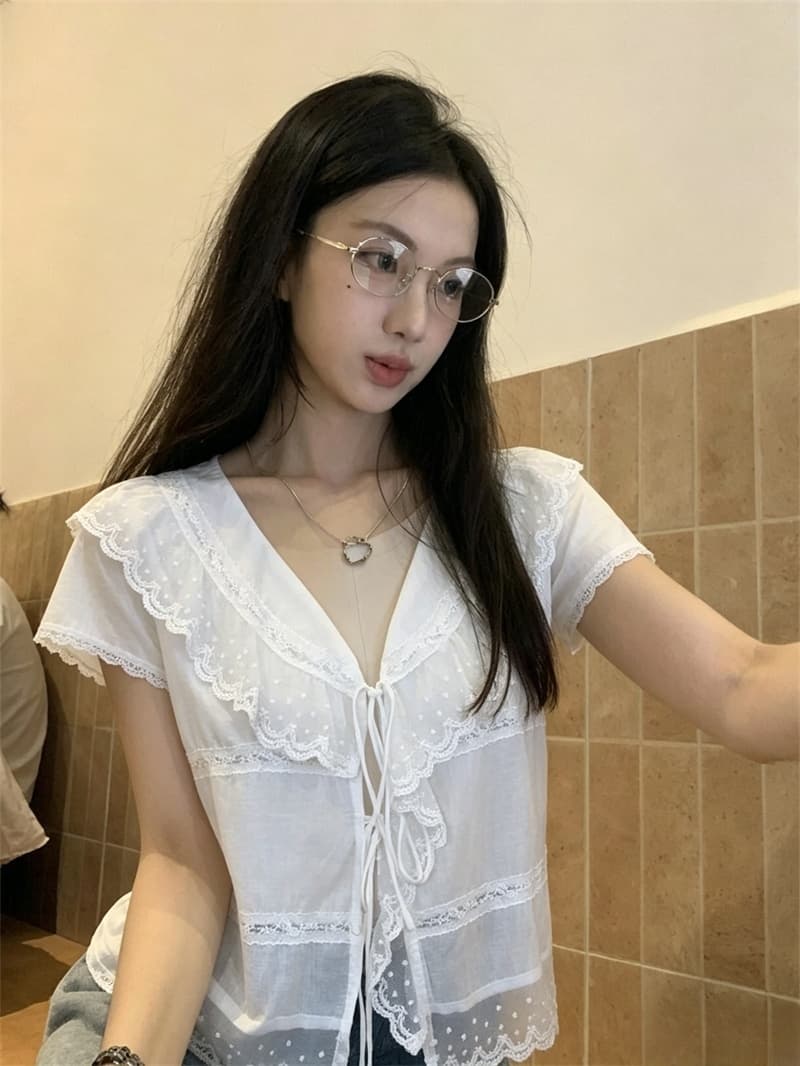 실사 디자인 센스 초강력 달콤함 프릴 칼라 스트랩 새싹 패치워크 작은 셔츠 여성 이미지 3