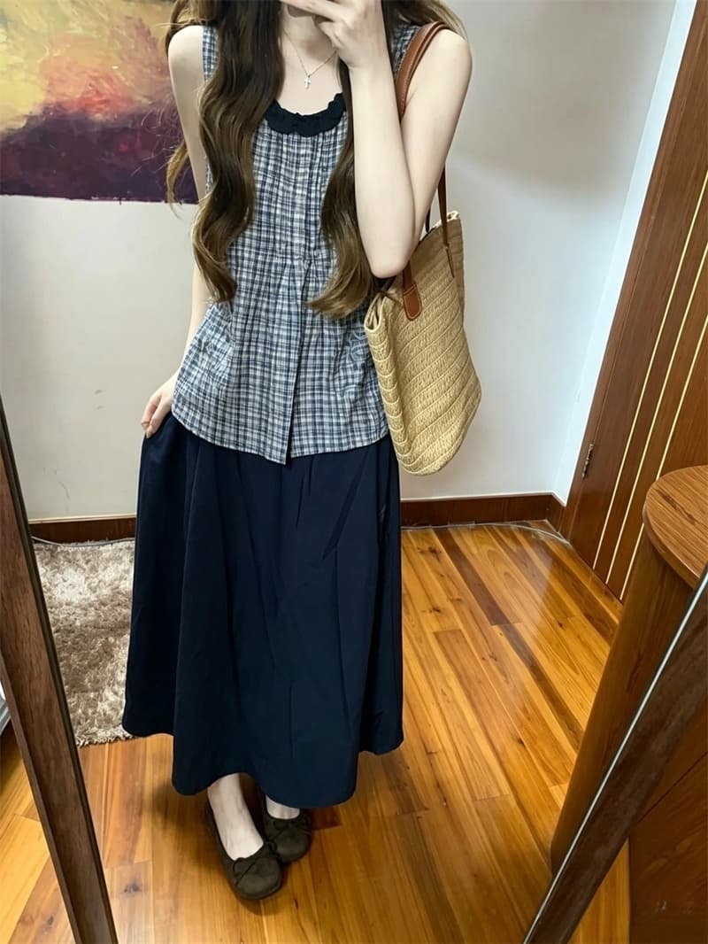 여름 새로운 한 부서 달콤함 체크무늬 민소매 조끼 인형 셔츠 레이스 나비 매듭 반신 스커트 두 조각 여성 세트 상세 이미지 3