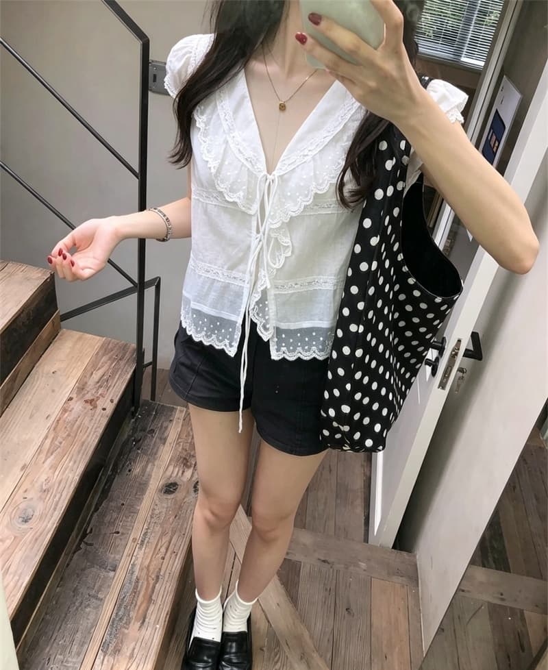 실사 디자인 센스 초강력 달콤함 프릴 칼라 스트랩 새싹 패치워크 작은 셔츠 여성 상세 이미지 9