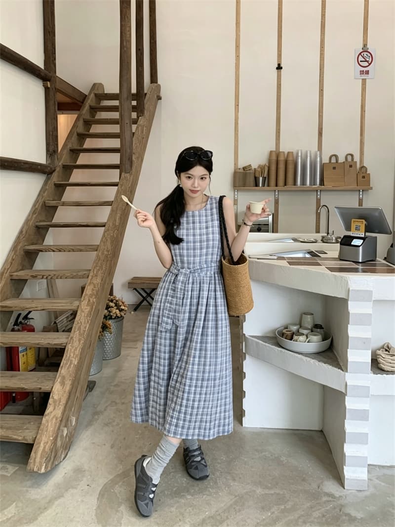 실사 연령 감소 섹션 파란색 체크 스커트 롱 코트 여름 새로운 민소매 조끼 원피스 상세 이미지 1