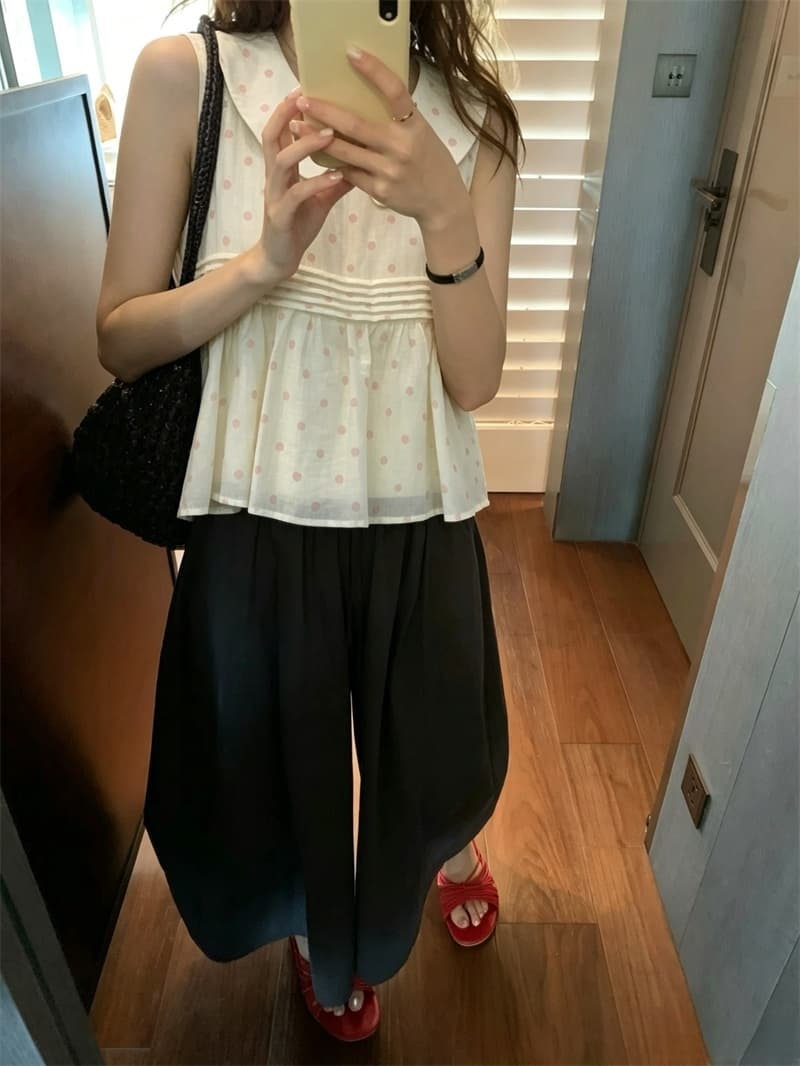 실사 한 부서 신선함 베이비 칼라 플리츠 패치워크 도트 무늬 민소매 맨위 이미지 2