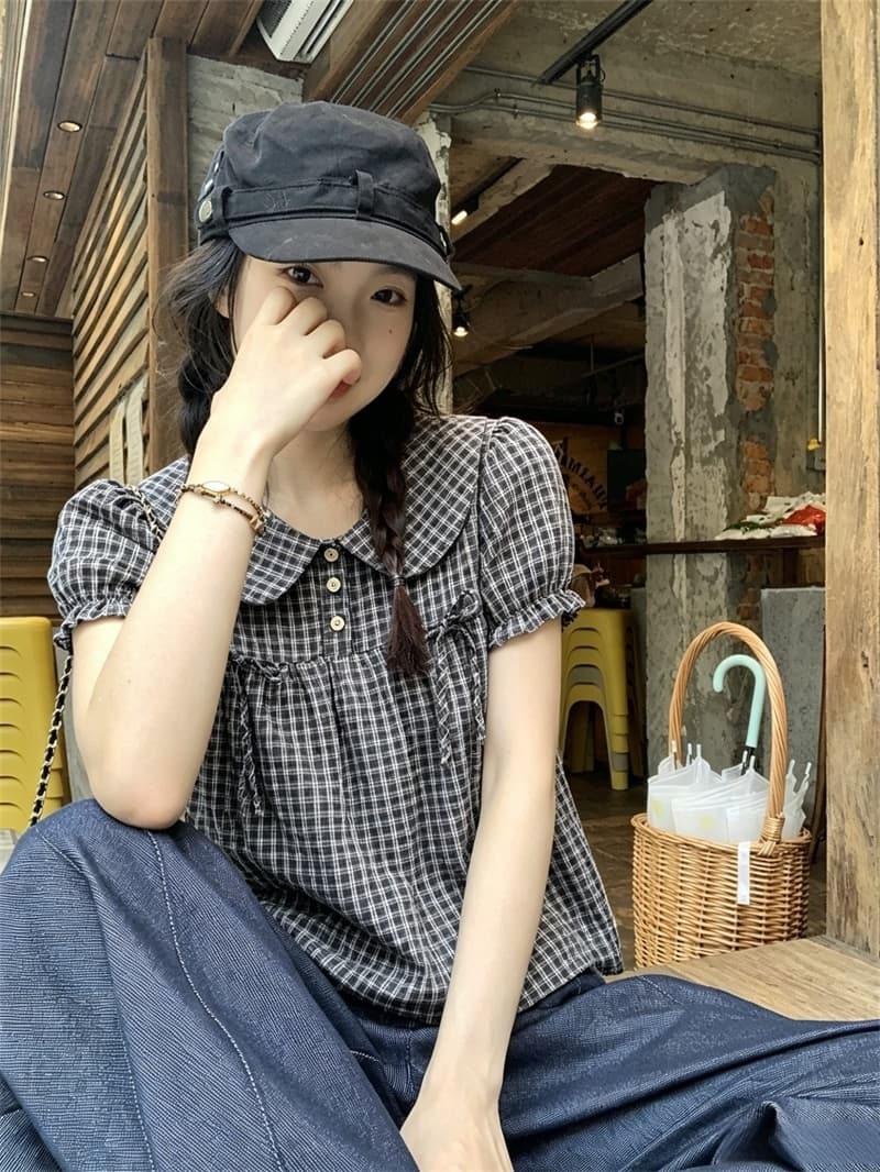 실사 한 부서 달콤함 베이비 칼라 체크무늬 셔츠 학원 스타일 맨위 슬림해 보이는 연령 감소 셔츠 여성 이미지 3