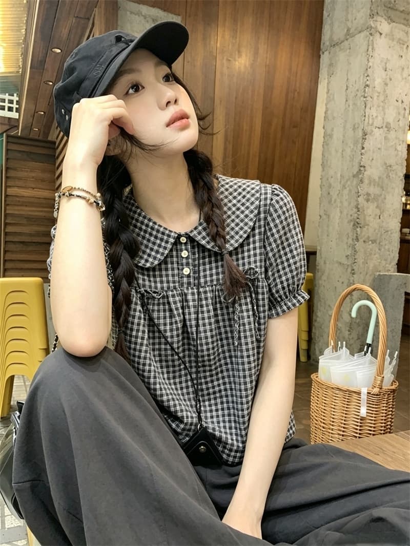 실사 한 부서 달콤함 베이비 칼라 체크무늬 셔츠 학원 스타일 맨위 슬림해 보이는 연령 감소 셔츠 여성 상세 이미지 9