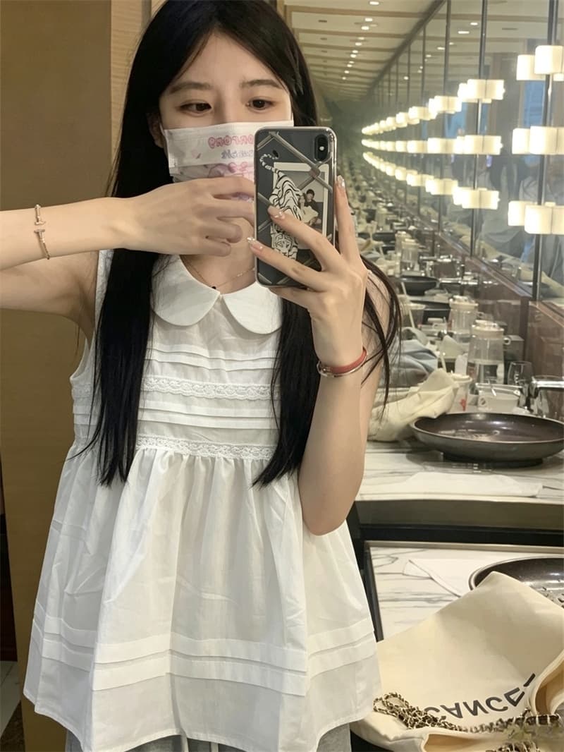 실사 연령 감소 달콤함 소녀 바람 레이스 조각 민소매 여성 셔츠 여름 루즈핏 베이비 칼라 풀오버 맨위