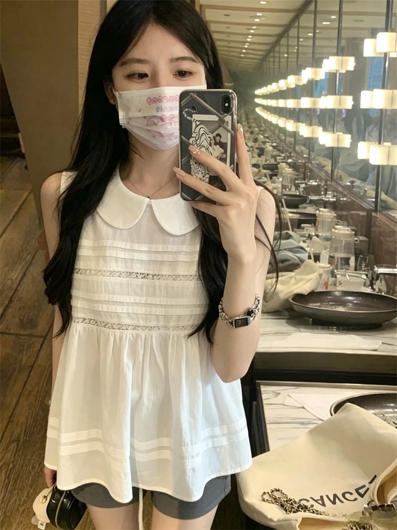 실사 연령 감소 달콤함 소녀 바람 레이스 조각 민소매 여성 셔츠 여름 루즈핏 베이비 칼라 풀오버 맨위 상세 이미지 4