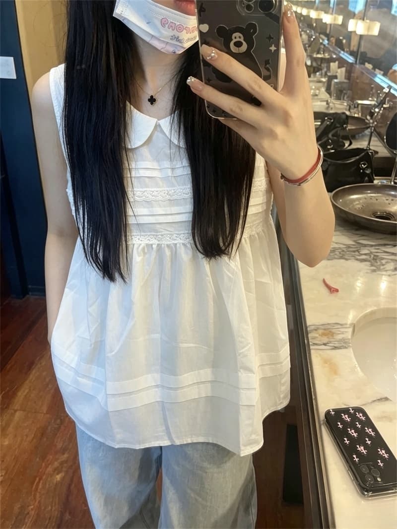실사 연령 감소 달콤함 소녀 바람 레이스 조각 민소매 여성 셔츠 여름 루즈핏 베이비 칼라 풀오버 맨위 상세 이미지 6