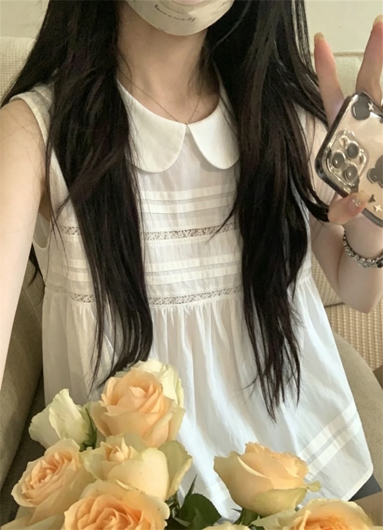 실사 연령 감소 달콤함 소녀 바람 레이스 조각 민소매 여성 셔츠 여름 루즈핏 베이비 칼라 풀오버 맨위 상세 이미지 7