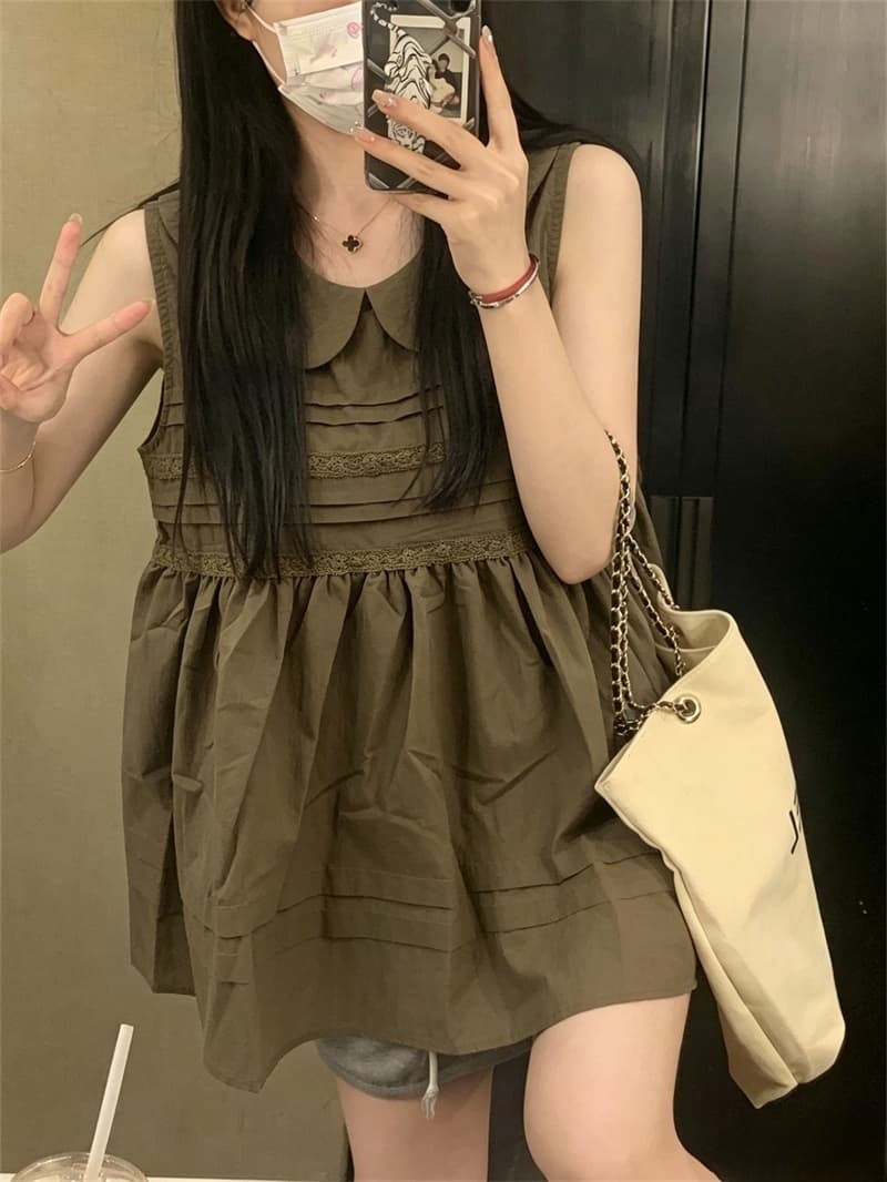 실사 연령 감소 달콤함 소녀 바람 레이스 조각 민소매 여성 셔츠 여름 루즈핏 베이비 칼라 풀오버 맨위 상세 이미지 8
