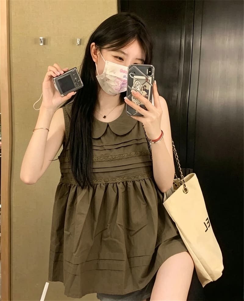실사 연령 감소 달콤함 소녀 바람 레이스 조각 민소매 여성 셔츠 여름 루즈핏 베이비 칼라 풀오버 맨위 상세 이미지 9
