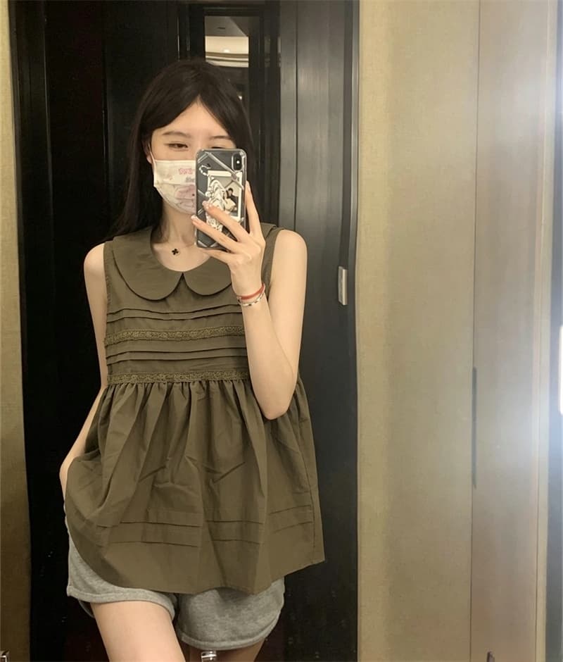 실사 연령 감소 달콤함 소녀 바람 레이스 조각 민소매 여성 셔츠 여름 루즈핏 베이비 칼라 풀오버 맨위 상세 이미지 10