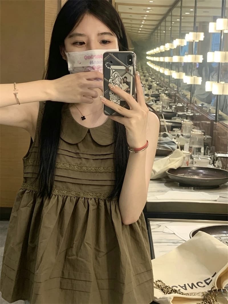 실사 연령 감소 달콤함 소녀 바람 레이스 조각 민소매 여성 셔츠 여름 루즈핏 베이비 칼라 풀오버 맨위 상세 이미지 11