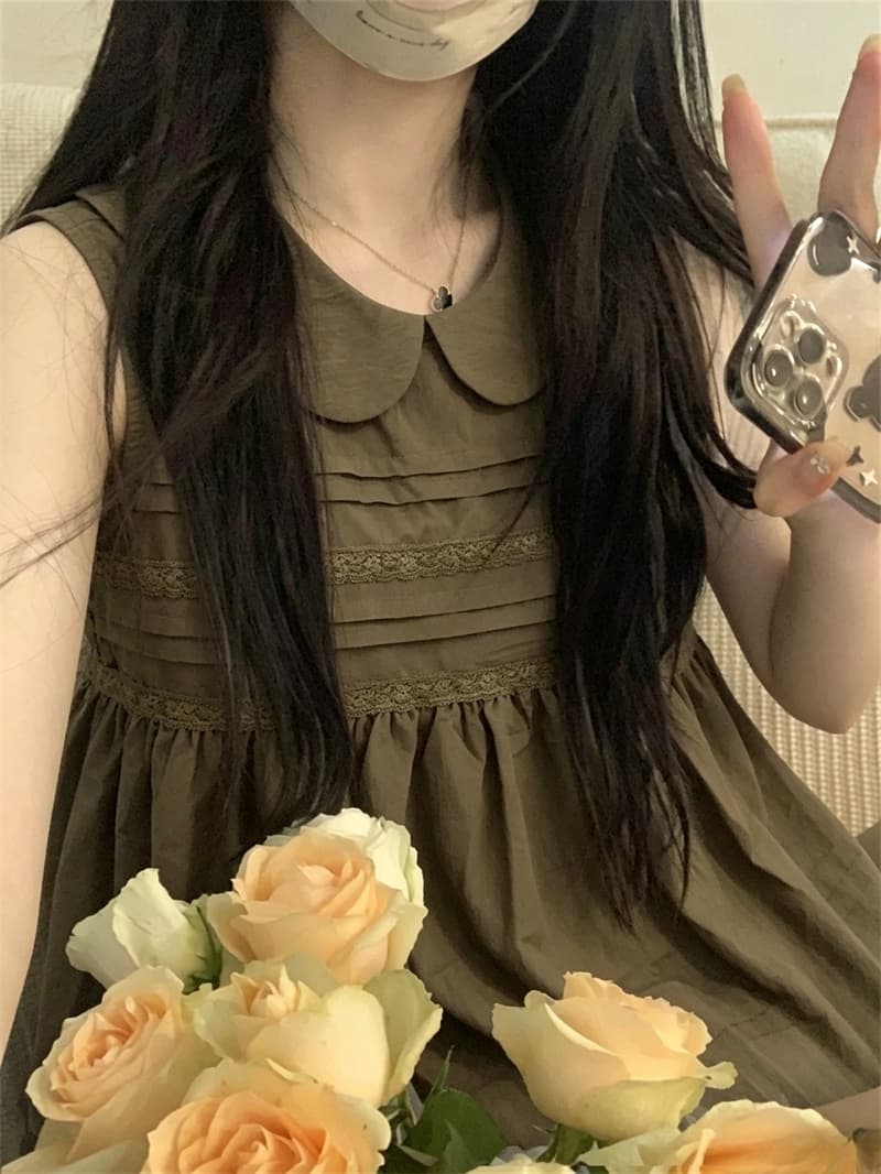 실사 연령 감소 달콤함 소녀 바람 레이스 조각 민소매 여성 셔츠 여름 루즈핏 베이비 칼라 풀오버 맨위 상세 이미지 12