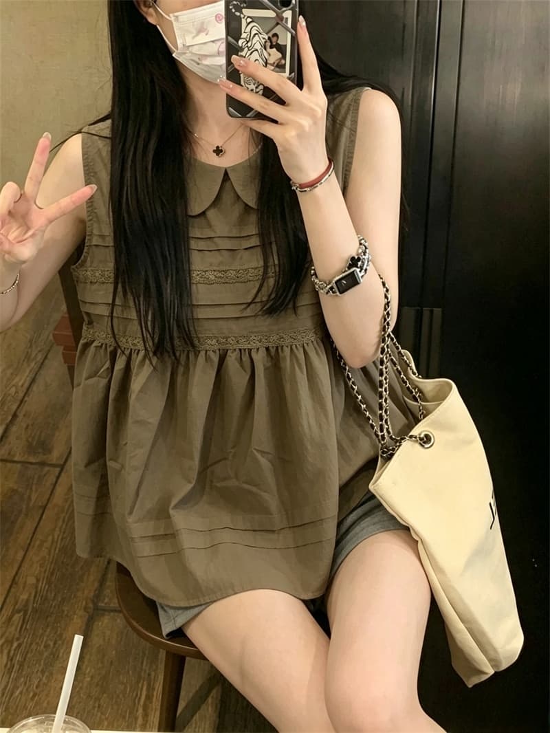 실사 연령 감소 달콤함 소녀 바람 레이스 조각 민소매 여성 셔츠 여름 루즈핏 베이비 칼라 풀오버 맨위 상세 이미지 13