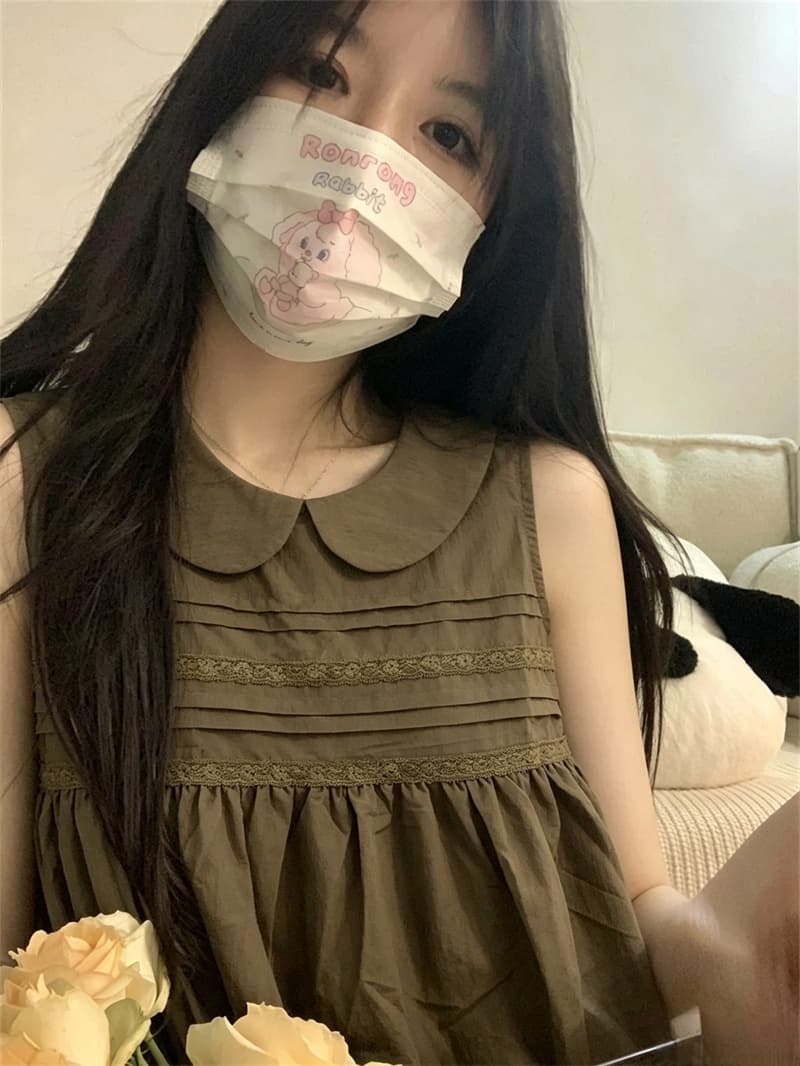 실사 연령 감소 달콤함 소녀 바람 레이스 조각 민소매 여성 셔츠 여름 루즈핏 베이비 칼라 풀오버 맨위 상세 이미지 14