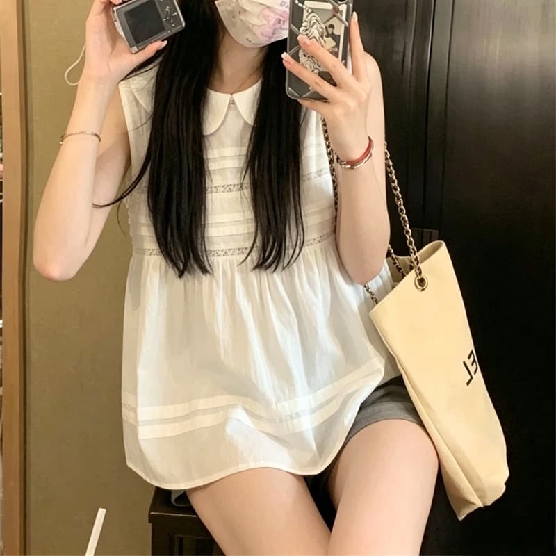실사 연령 감소 달콤함 소녀 바람 레이스 조각 민소매 여성 셔츠 여름 루즈핏 베이비 칼라 풀오버 맨위 이미지 5