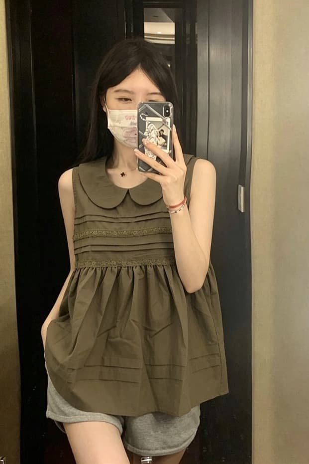 실사 연령 감소 달콤함 소녀 바람 레이스 조각 민소매 여성 셔츠 여름 루즈핏 베이비 칼라 풀오버 맨위 이미지 6