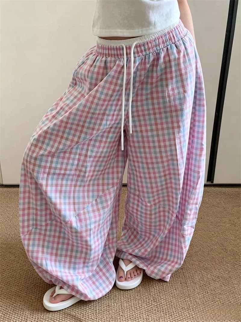 실사 여름 도파민 체크무늬 긴 바지 더블 허리 머리 느긋한 바람 배색 체크무늬 펌프 로프 캐주얼 바지 긴 바지 여성 이미지 4