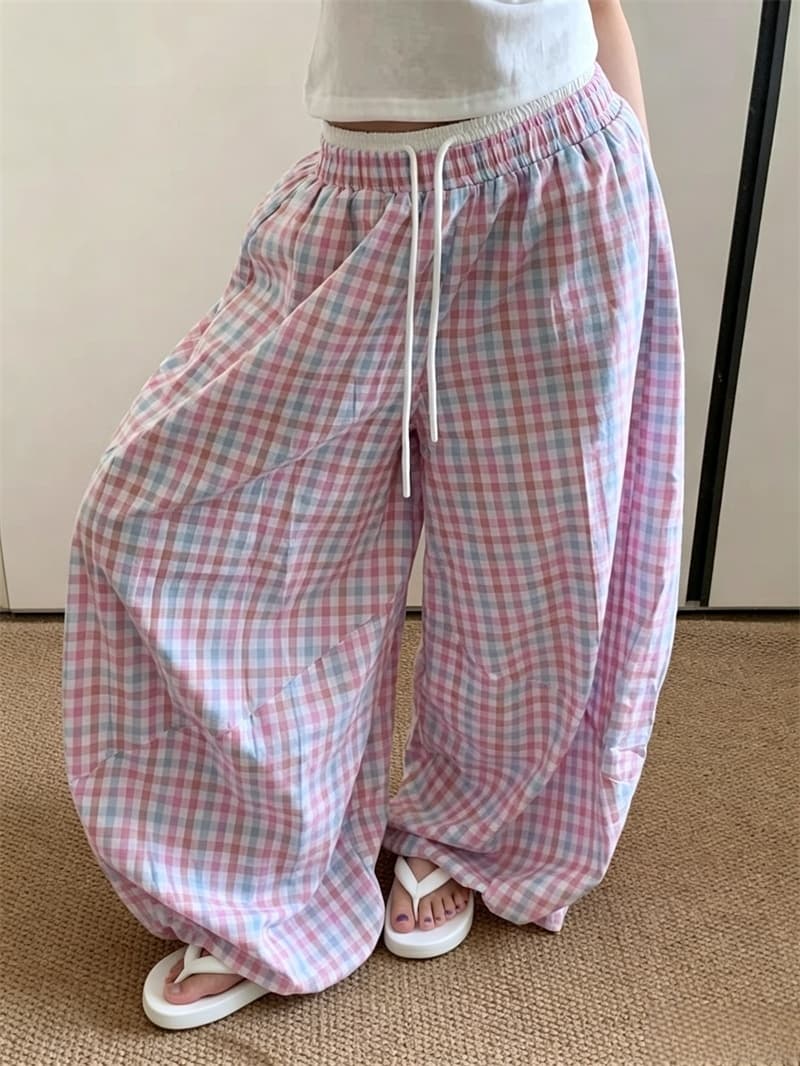 실사 여름 도파민 체크무늬 긴 바지 더블 허리 머리 느긋한 바람 배색 체크무늬 펌프 로프 캐주얼 바지 긴 바지 여성 상세 이미지 2