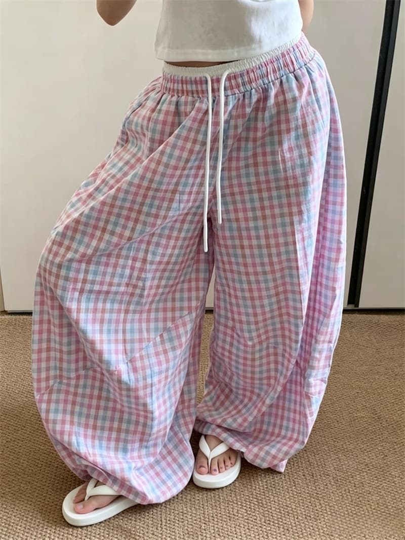 실사 여름 도파민 체크무늬 긴 바지 더블 허리 머리 느긋한 바람 배색 체크무늬 펌프 로프 캐주얼 바지 긴 바지 여성 상세 이미지 3