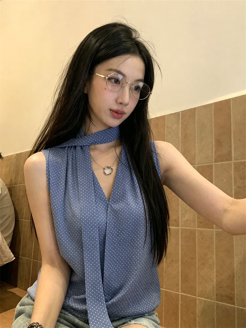 실사 디자인 센스 초강력 한 부서 레트로 도트 무늬 V넥 리본 민소매 꽃밭 셔츠 여성 셔츠 이미지 3