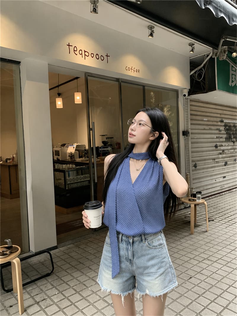 실사 디자인 센스 초강력 한 부서 레트로 도트 무늬 V넥 리본 민소매 꽃밭 셔츠 여성 셔츠 상세 이미지 5