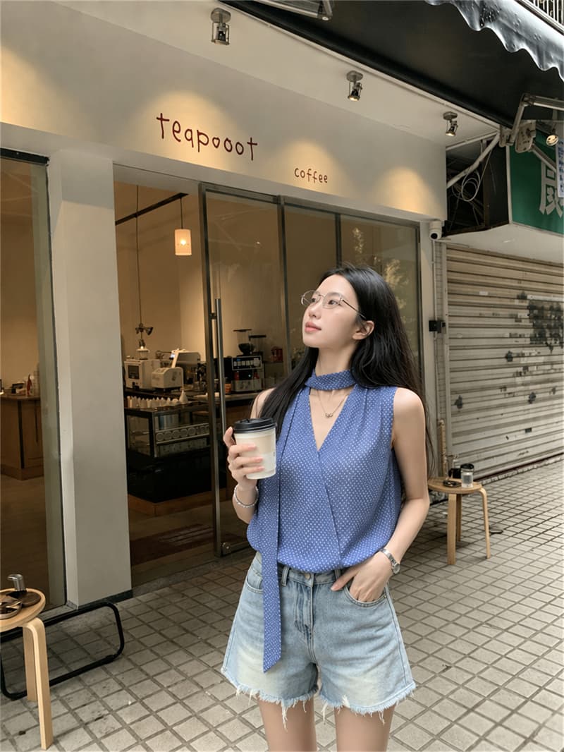 실사 디자인 센스 초강력 한 부서 레트로 도트 무늬 V넥 리본 민소매 꽃밭 셔츠 여성 셔츠 상세 이미지 8