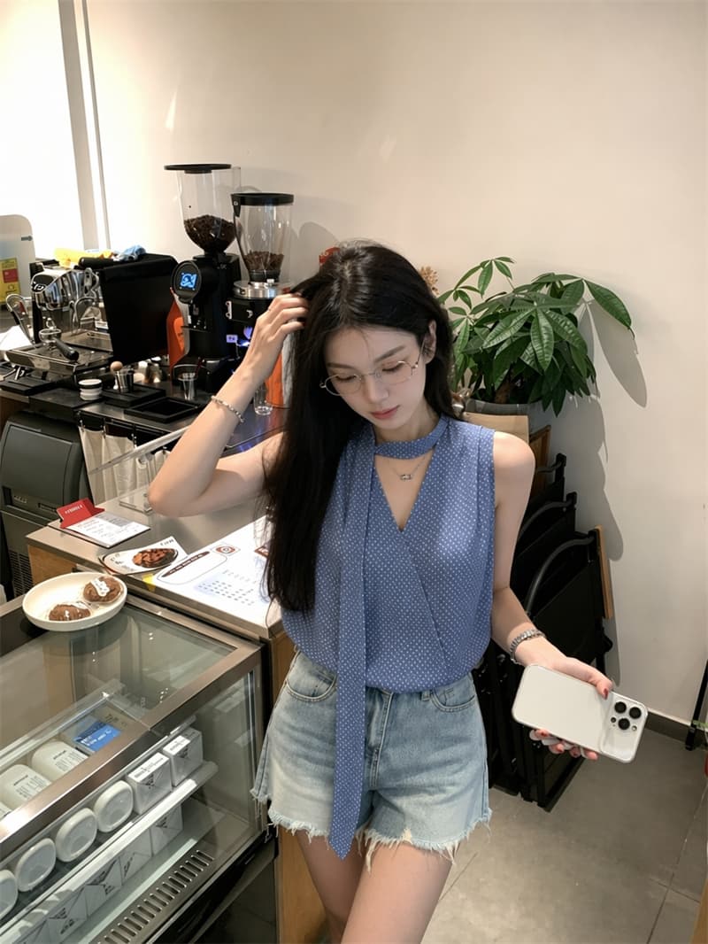 실사 디자인 센스 초강력 한 부서 레트로 도트 무늬 V넥 리본 민소매 꽃밭 셔츠 여성 셔츠 상세 이미지 6