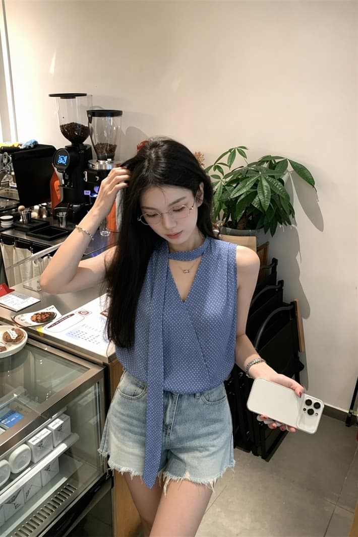 실사 디자인 센스 초강력 한 부서 레트로 도트 무늬 V넥 리본 민소매 꽃밭 셔츠 여성 셔츠 이미지 7