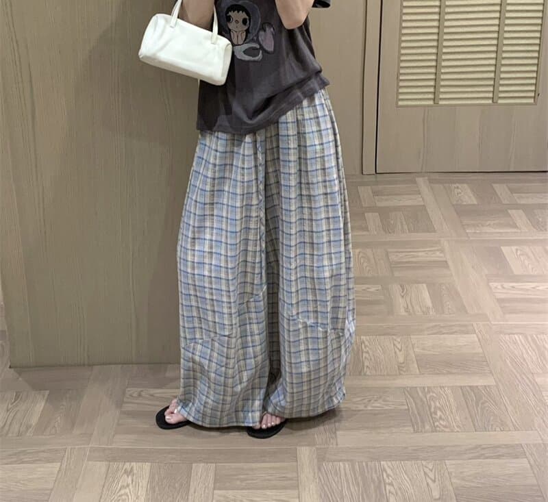실사 여름 도파민 체크무늬 긴 바지 느긋한 바람 배색 체크무늬 펌프 로프 캐주얼 바지 긴 바지 여성 상세 이미지 3