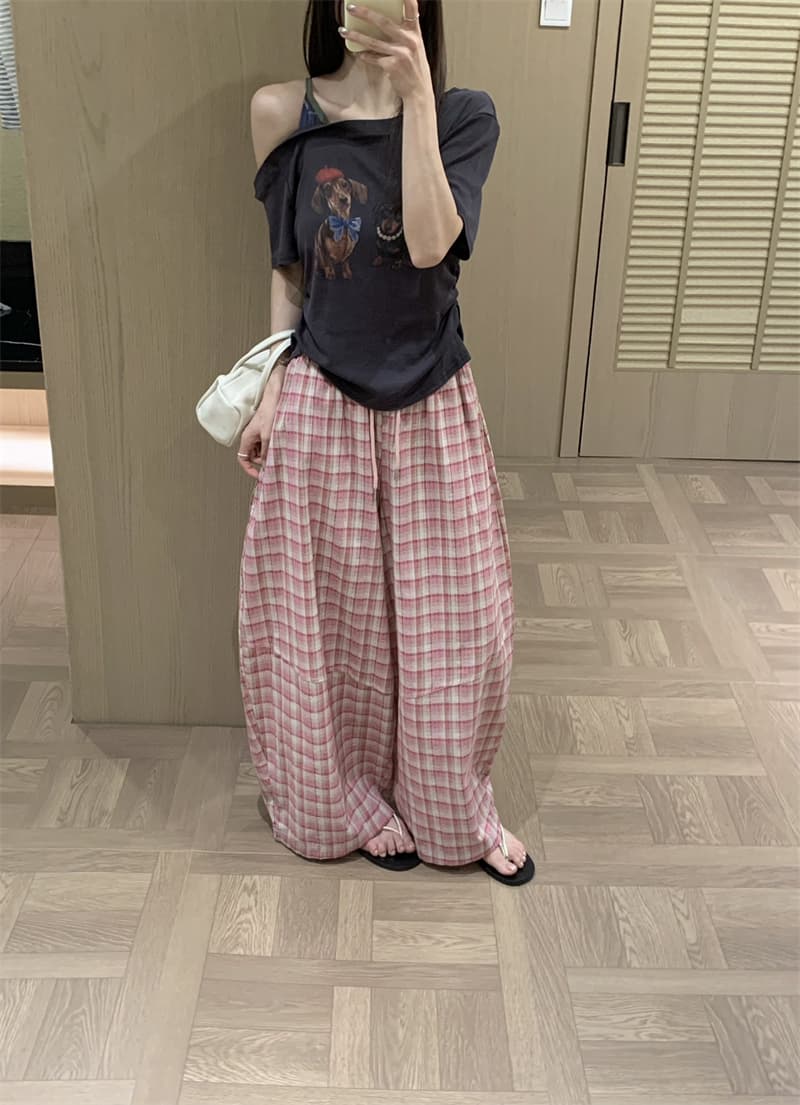 실사 여름 도파민 체크무늬 긴 바지 느긋한 바람 배색 체크무늬 펌프 로프 캐주얼 바지 긴 바지 여성 상세 이미지 5