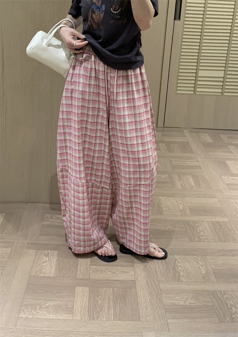 실사 여름 도파민 체크무늬 긴 바지 느긋한 바람 배색 체크무늬 펌프 로프 캐주얼 바지 긴 바지 여성 상세 이미지 8
