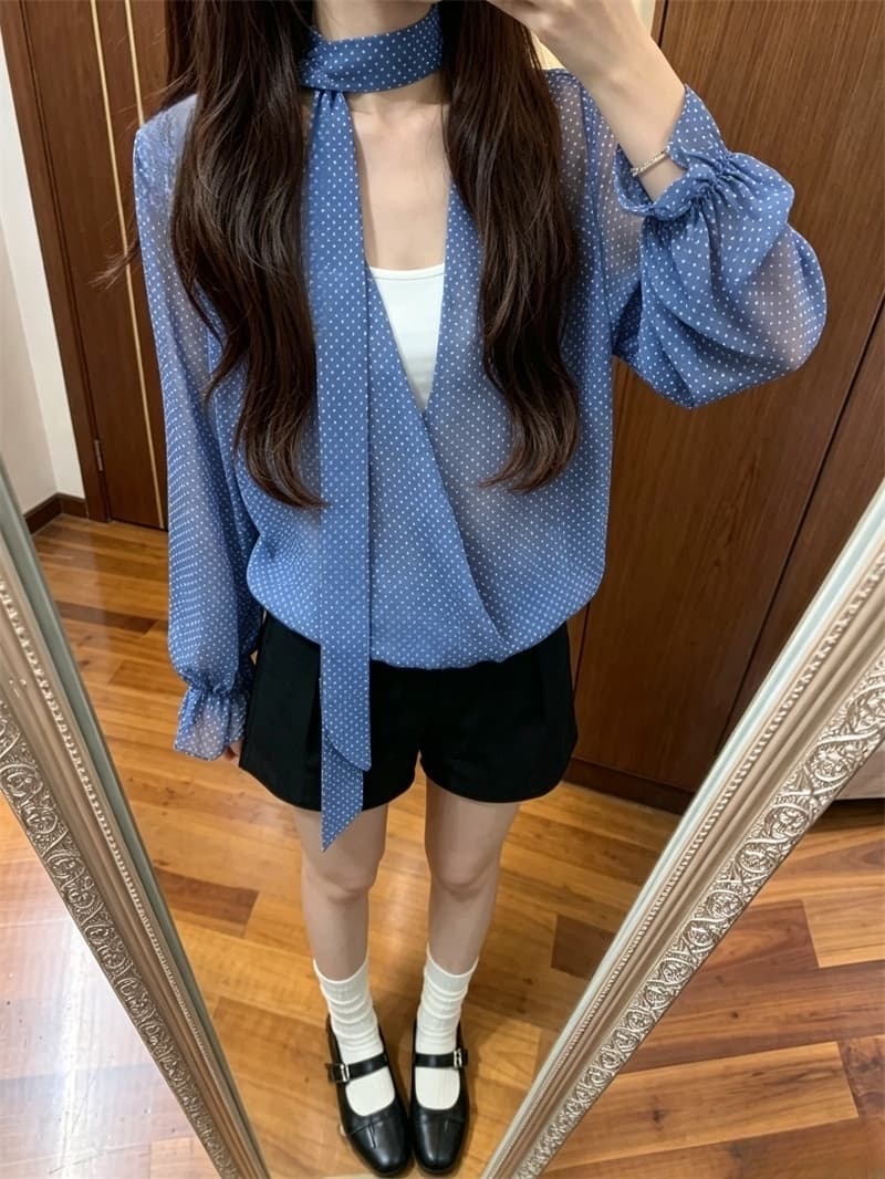 실사 남쪽 법 여름 파란색 도트 무늬 얇고 가벼운 V 넥 셔츠 여성 긴 소매 봄 여름 새로운 숙녀 셔츠 맨위 상세 이미지 3