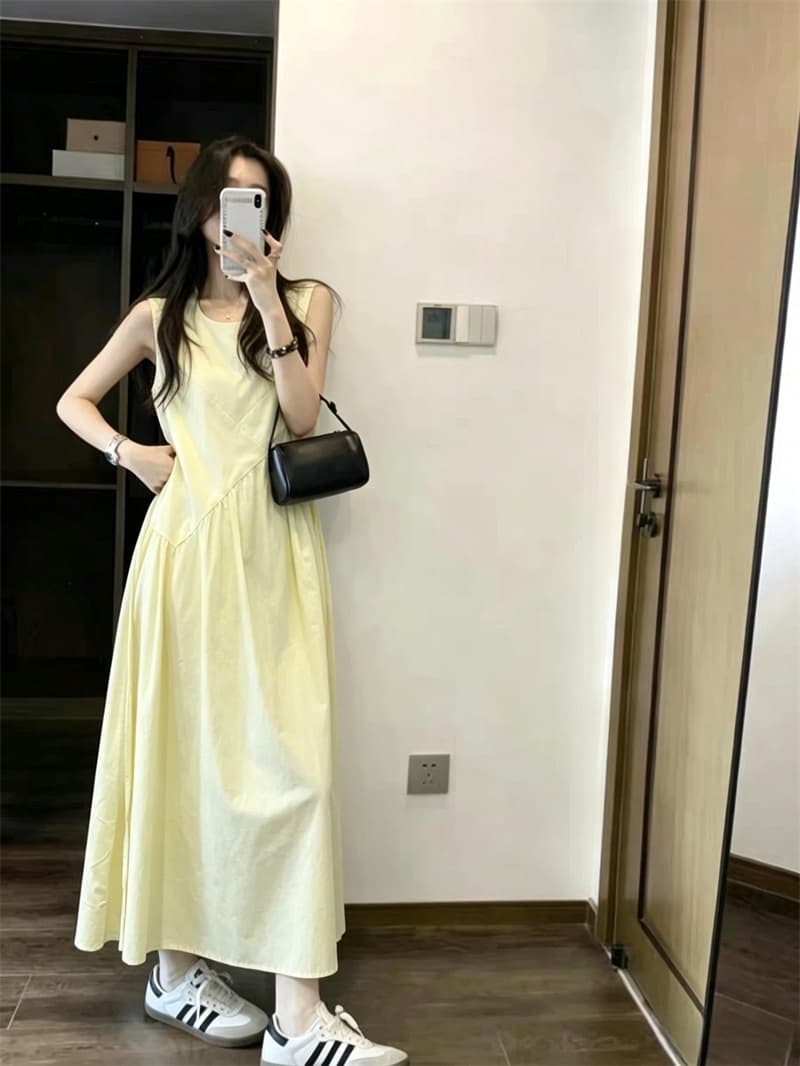 실사 여름 루즈핏 민소매 드레스 아름다운 롱 스커트 밝은 색 조끼 스커트 롱 스커트 이미지 3