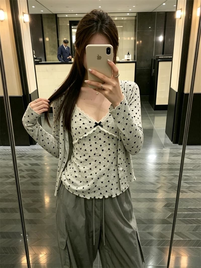 실사 순수한 욕망 바람 헤일로 염색 하트 프린트 식물 플러시 레이스 슬립 자외선 차단 오픈 가디건 투피스 세트 세트 여성
