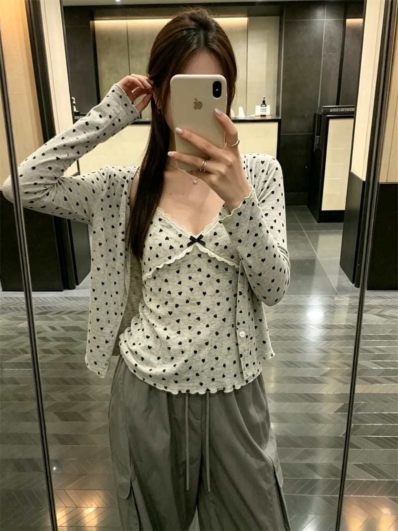 실사 순수한 욕망 바람 헤일로 염색 하트 프린트 식물 플러시 레이스 슬립 자외선 차단 오픈 가디건 투피스 세트 세트 여성 상세 이미지 6