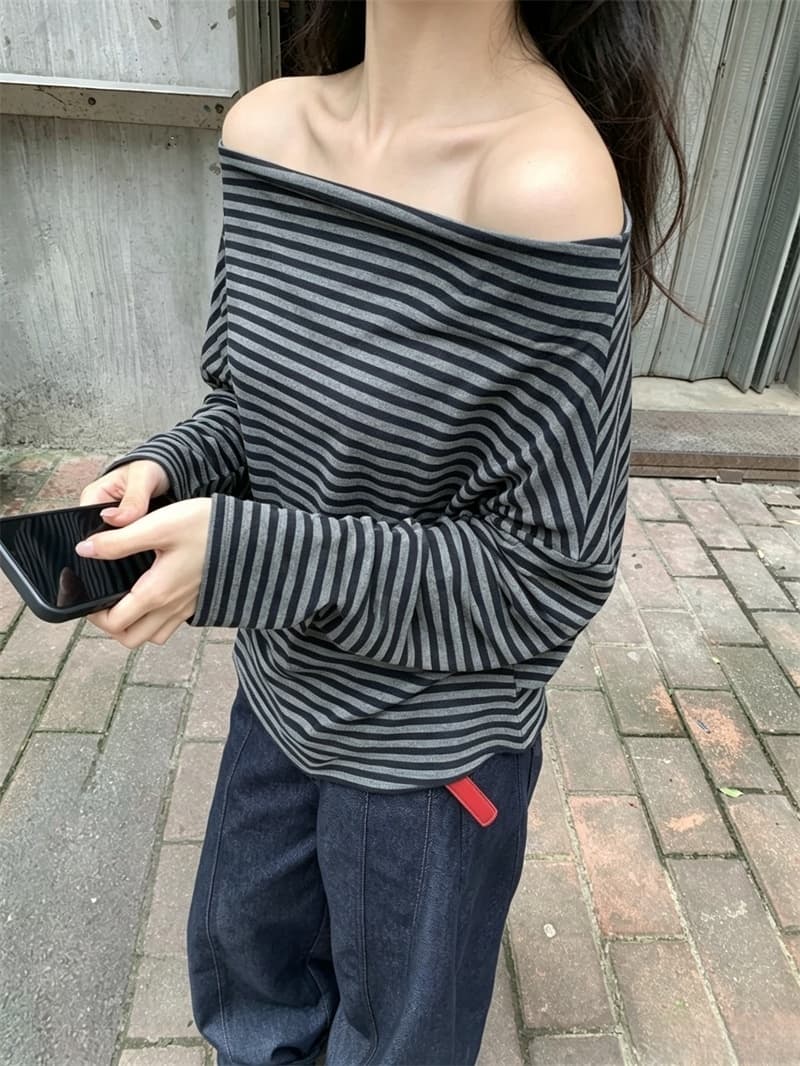 실사 한국 스타일 미니멀리즘 보트넥 스트라이프 기본 셔츠 슬림해 보이는 다용도 맨위 티셔츠 여성 상세 이미지 8