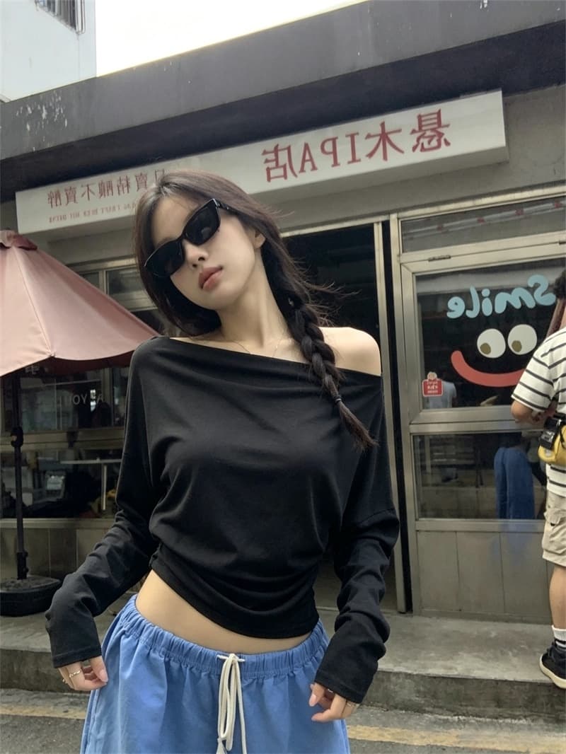 실사 한국 스타일 미니멀리즘 보트넥 스트라이프 기본 셔츠 슬림해 보이는 다용도 맨위 티셔츠 여성 상세 이미지 15