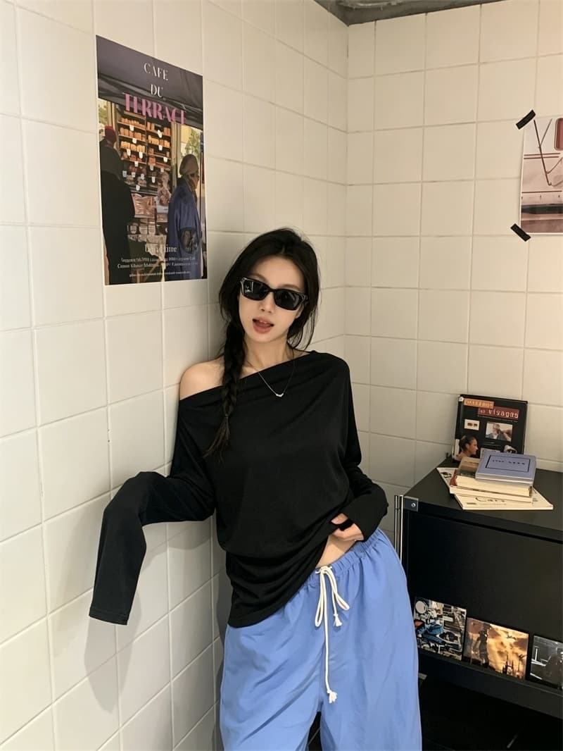 실사 한국 스타일 미니멀리즘 보트넥 스트라이프 기본 셔츠 슬림해 보이는 다용도 맨위 티셔츠 여성 상세 이미지 16