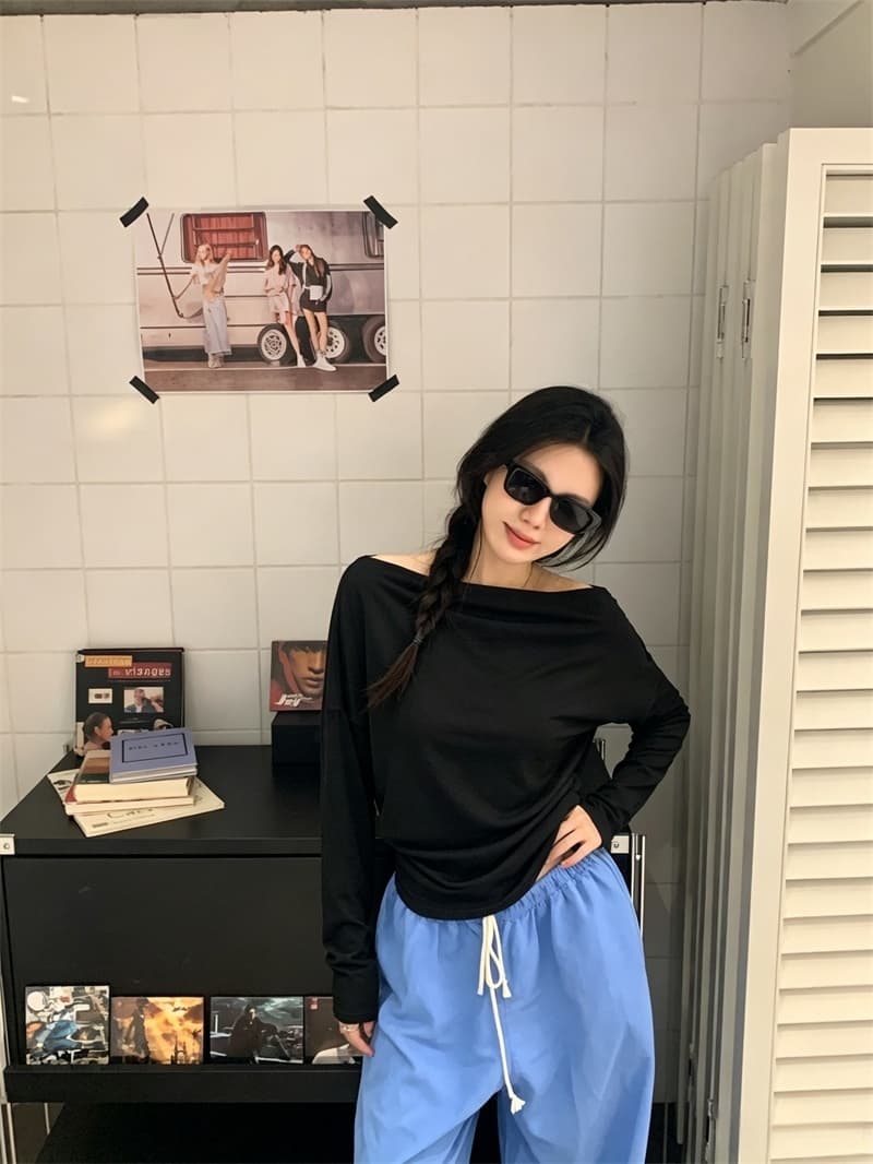 실사 한국 스타일 미니멀리즘 보트넥 스트라이프 기본 셔츠 슬림해 보이는 다용도 맨위 티셔츠 여성 상세 이미지 17