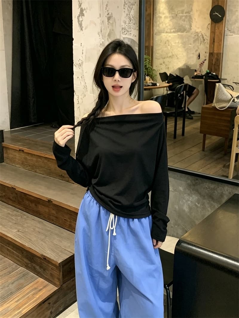 실사 한국 스타일 미니멀리즘 보트넥 스트라이프 기본 셔츠 슬림해 보이는 다용도 맨위 티셔츠 여성 상세 이미지 19