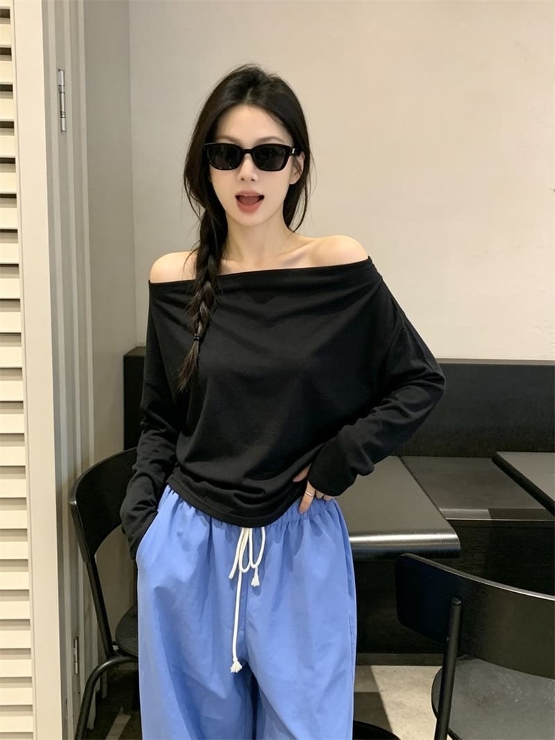 실사 한국 스타일 미니멀리즘 보트넥 스트라이프 기본 셔츠 슬림해 보이는 다용도 맨위 티셔츠 여성 상세 이미지 20