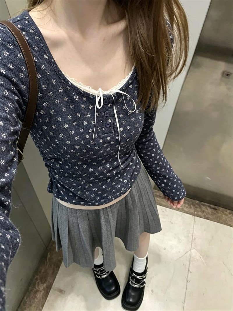 실사 달콤함 꽃무늬 나비 넥타이 페이크 레이어드 만나는 맨위 여성 작은 키 몸매 가꾸기 다용도 t