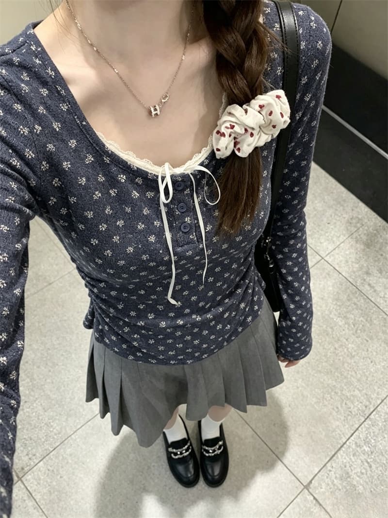 실사 달콤함 꽃무늬 나비 넥타이 페이크 레이어드 만나는 맨위 여성 작은 키 몸매 가꾸기 다용도 t 이미지 2