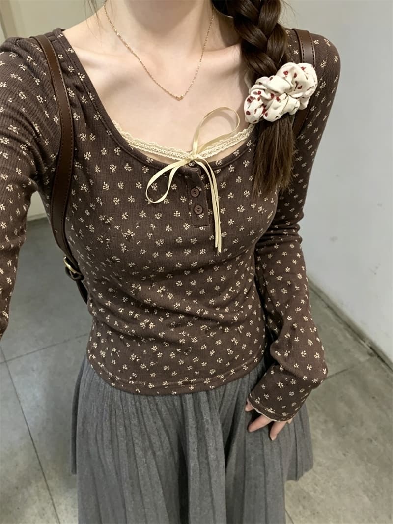 실사 달콤함 꽃무늬 나비 넥타이 페이크 레이어드 만나는 맨위 여성 작은 키 몸매 가꾸기 다용도 t 이미지 3