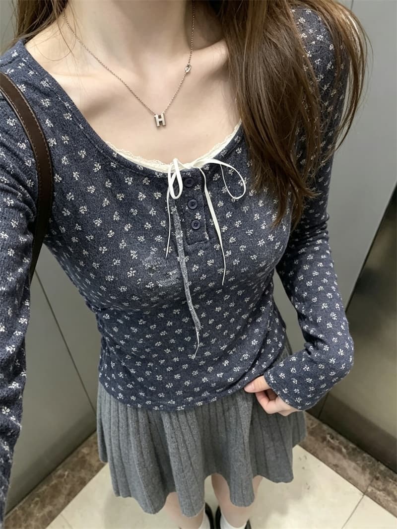 실사 달콤함 꽃무늬 나비 넥타이 페이크 레이어드 만나는 맨위 여성 작은 키 몸매 가꾸기 다용도 t 상세 이미지 3
